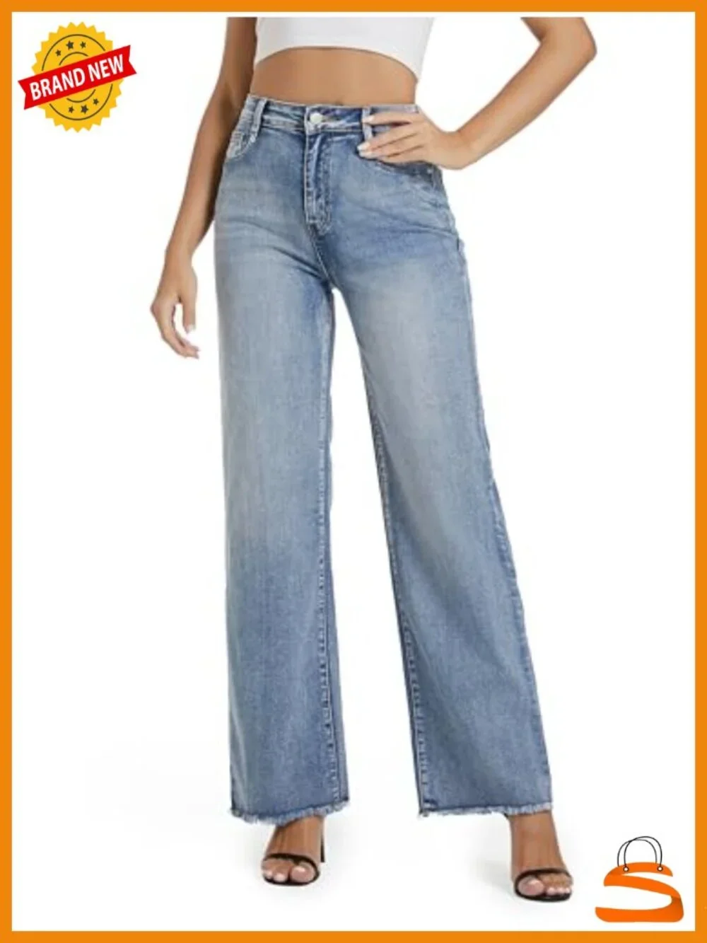 High Waisted Wide Leg Jeans Stretchy Raw Hem Loose Casual Denim